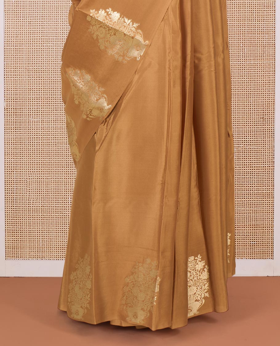 Mustard plain Mysore silk saree, floral bouquet zari border, and zari striped pallu