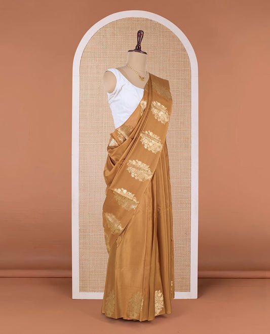 Mustard plain Mysore silk saree, floral bouquet zari border, and zari striped pallu