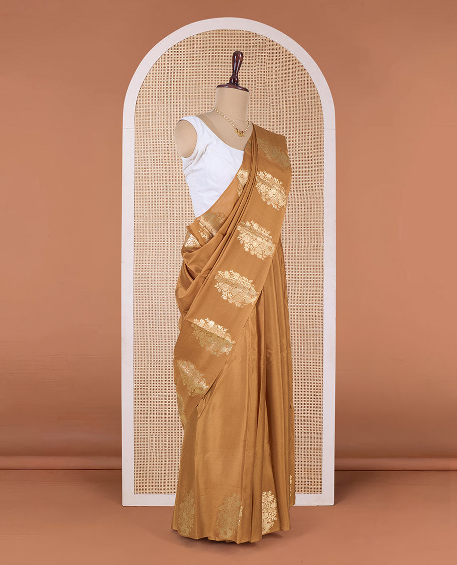Mustard plain Mysore silk saree, floral bouquet zari border, and zari striped pallu