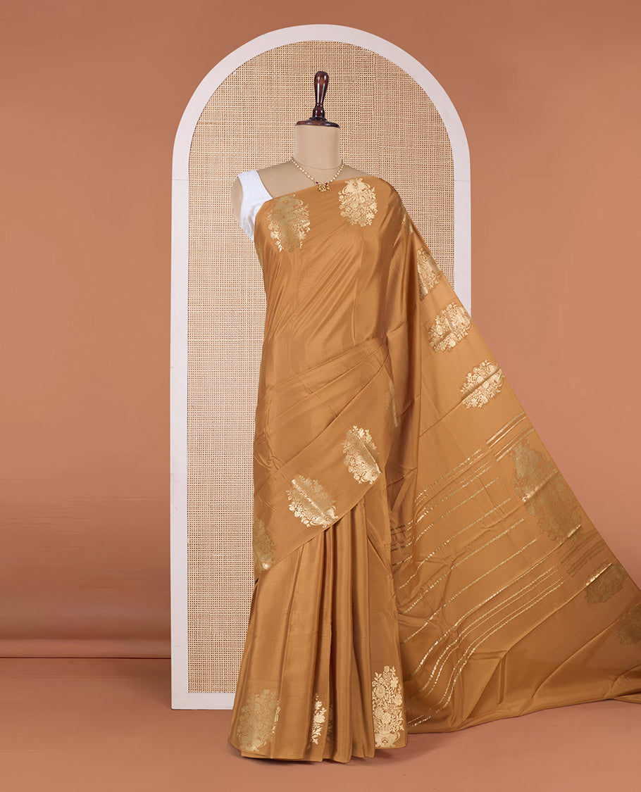 Mustard plain Mysore silk saree, floral bouquet zari border, and zari striped pallu