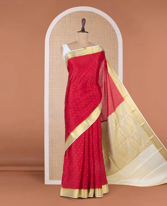 Red zari buttas Mysore silk saree, contrast traditional zari border, and zari-rich jaal pallu