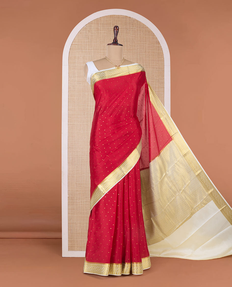 Red zari buttas Mysore silk saree, contrast traditional zari border, and zari-rich jaal pallu