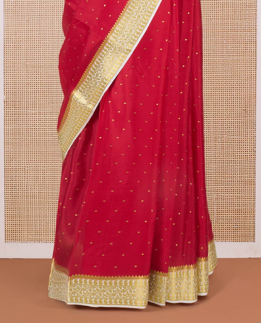 Red zari buttas Mysore silk saree, contrast traditional zari border, and zari-rich jaal pallu