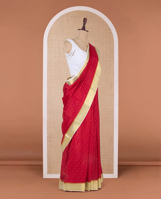 Red zari buttas Mysore silk saree, contrast traditional zari border, and zari-rich jaal pallu
