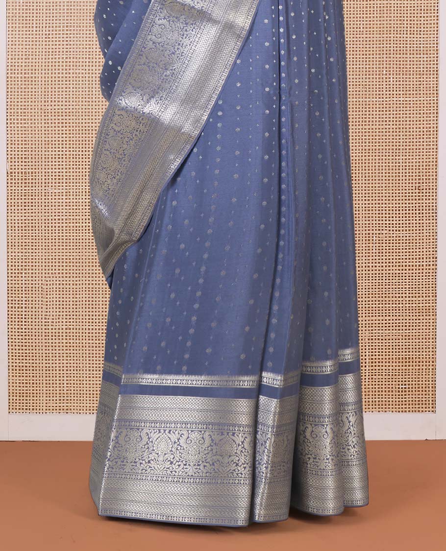 Grey zari buttas Mysore silk saree, traditional zari border, and intricate pallu