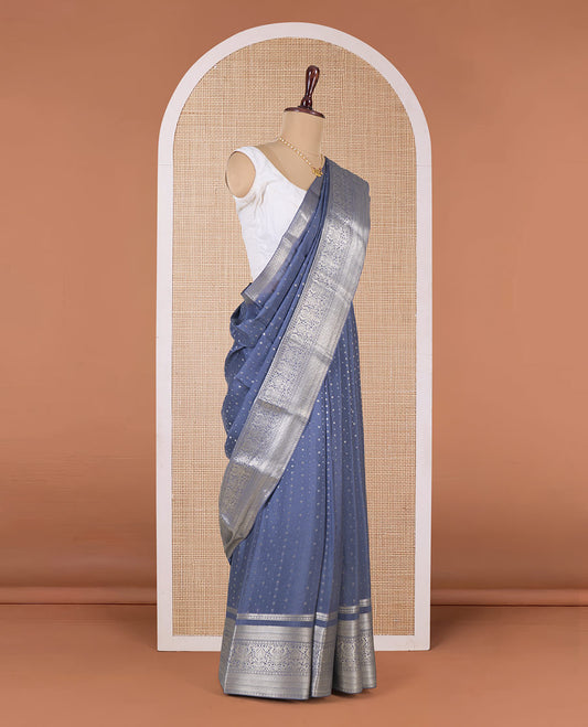Grey zari buttas Mysore silk saree, traditional zari border, and intricate pallu