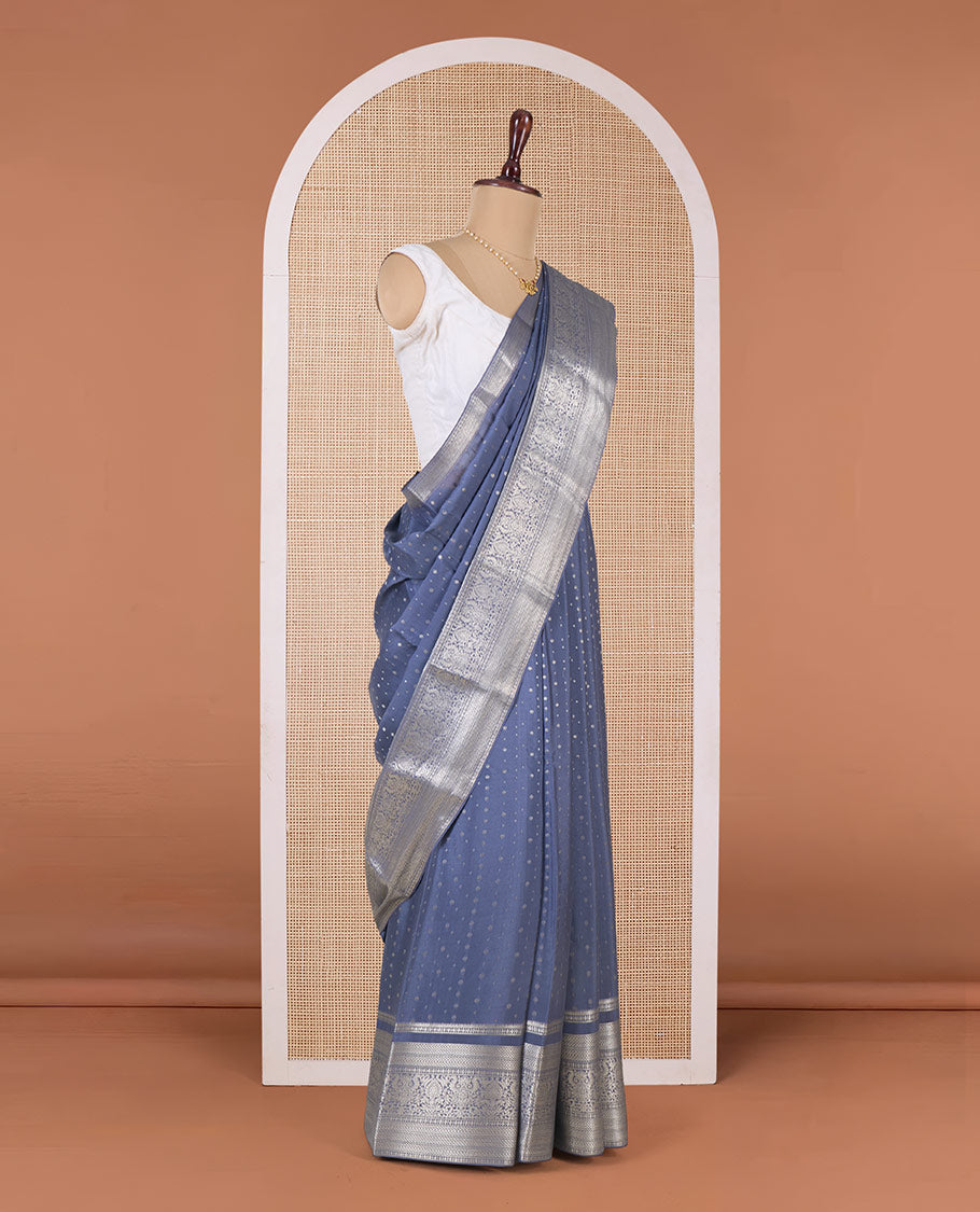 Grey zari buttas Mysore silk saree, traditional zari border, and intricate pallu