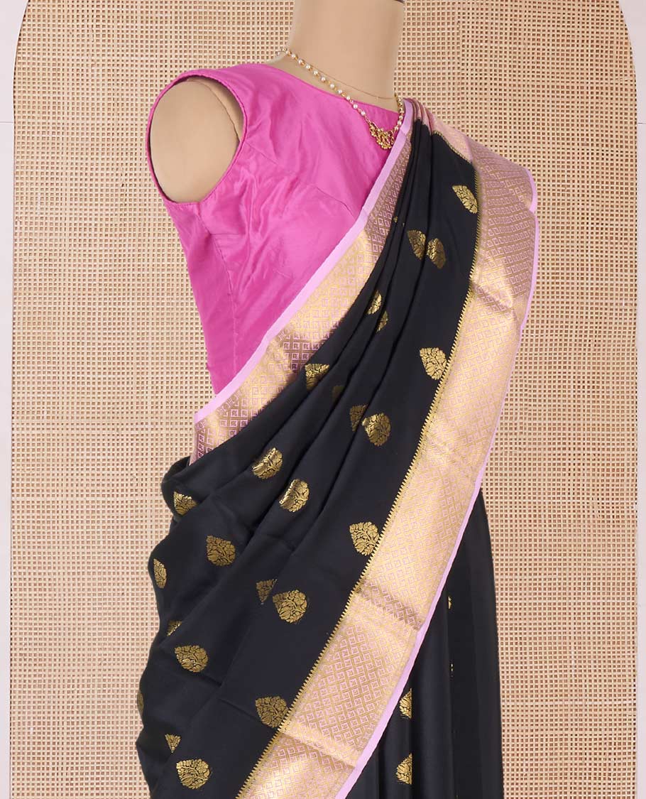 Black zari buttas Mysore silk saree, contrast jaal patterned border, and traditional zari design pallu