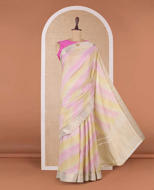 Multi-color diagonal striped Mysore silk saree, traditional zari border, and intricate pallu
