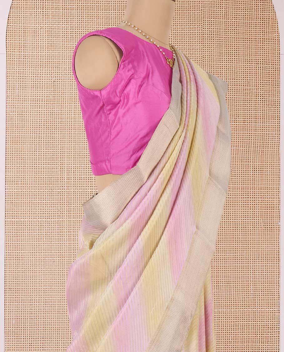 Multi-color diagonal striped Mysore silk saree, traditional zari border, and intricate pallu