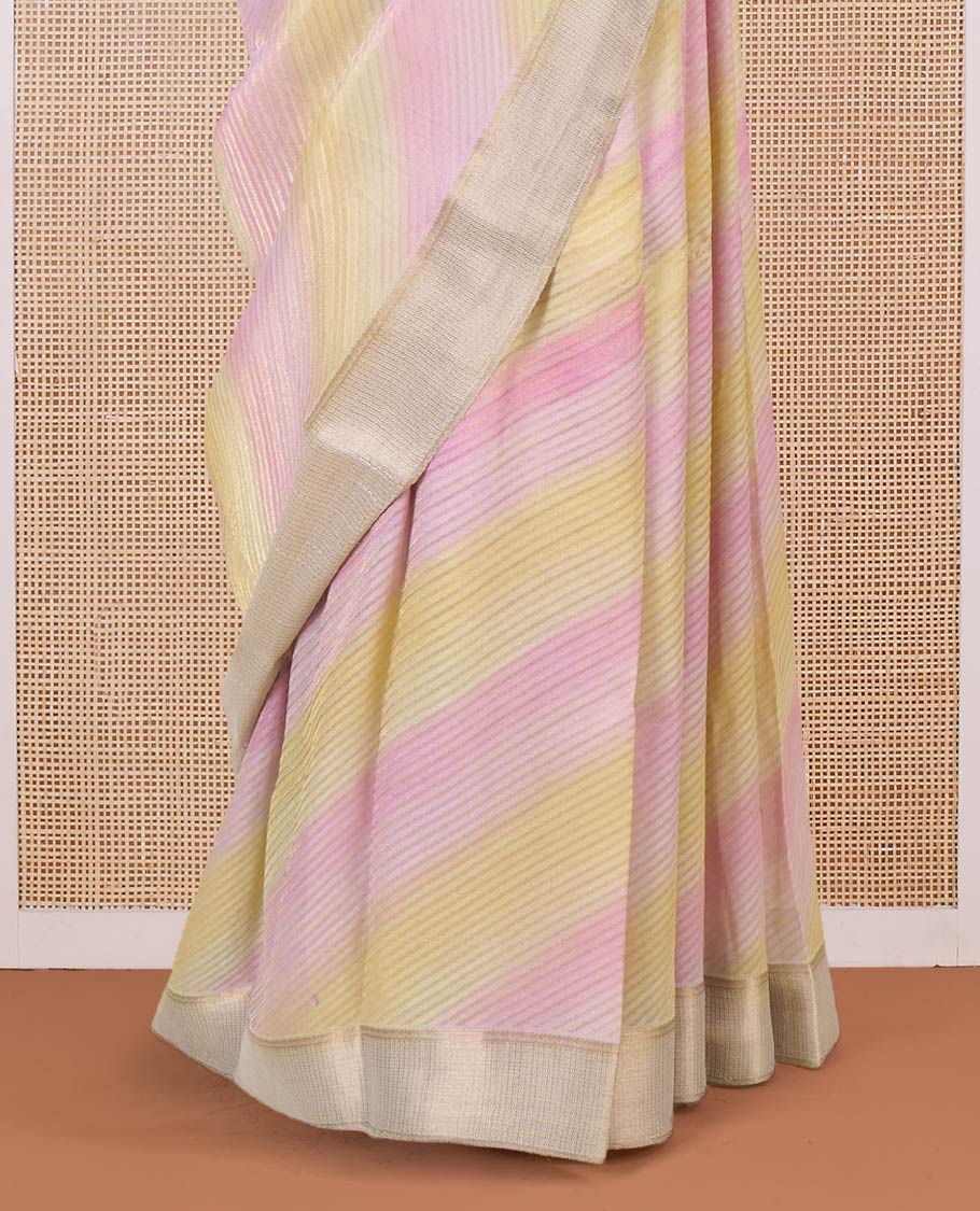 Multi-color diagonal striped Mysore silk saree, traditional zari border, and intricate pallu