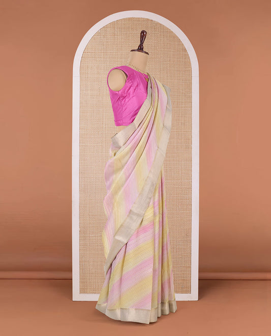 Multi-color diagonal striped Mysore silk saree, traditional zari border, and intricate pallu