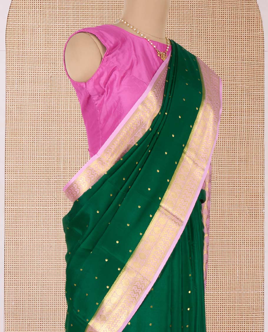 Green zari buttas Mysore silk saree, contrast traditional zari border, and pallu of jaal design