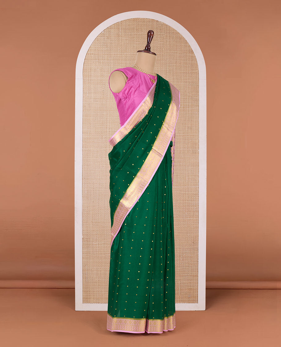 Green zari buttas Mysore silk saree, contrast traditional zari border, and pallu of jaal design