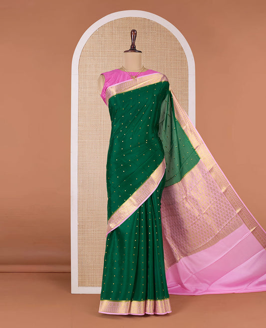 Green zari buttas Mysore silk saree, contrast traditional zari border, and pallu of jaal design