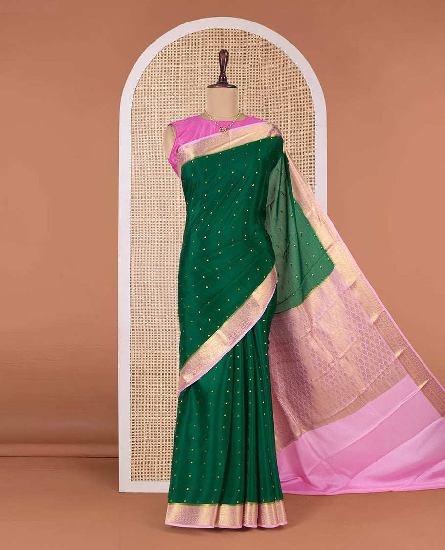 Green zari buttas Mysore silk saree, contrast traditional zari border, and pallu of jaal design