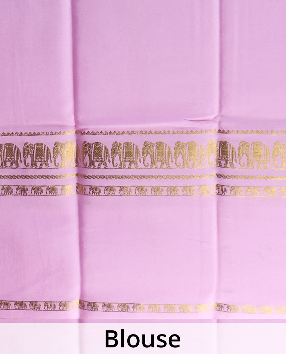 Pink plain Mysore silk saree, elephant motifs zari woven border, and zari striped pallu