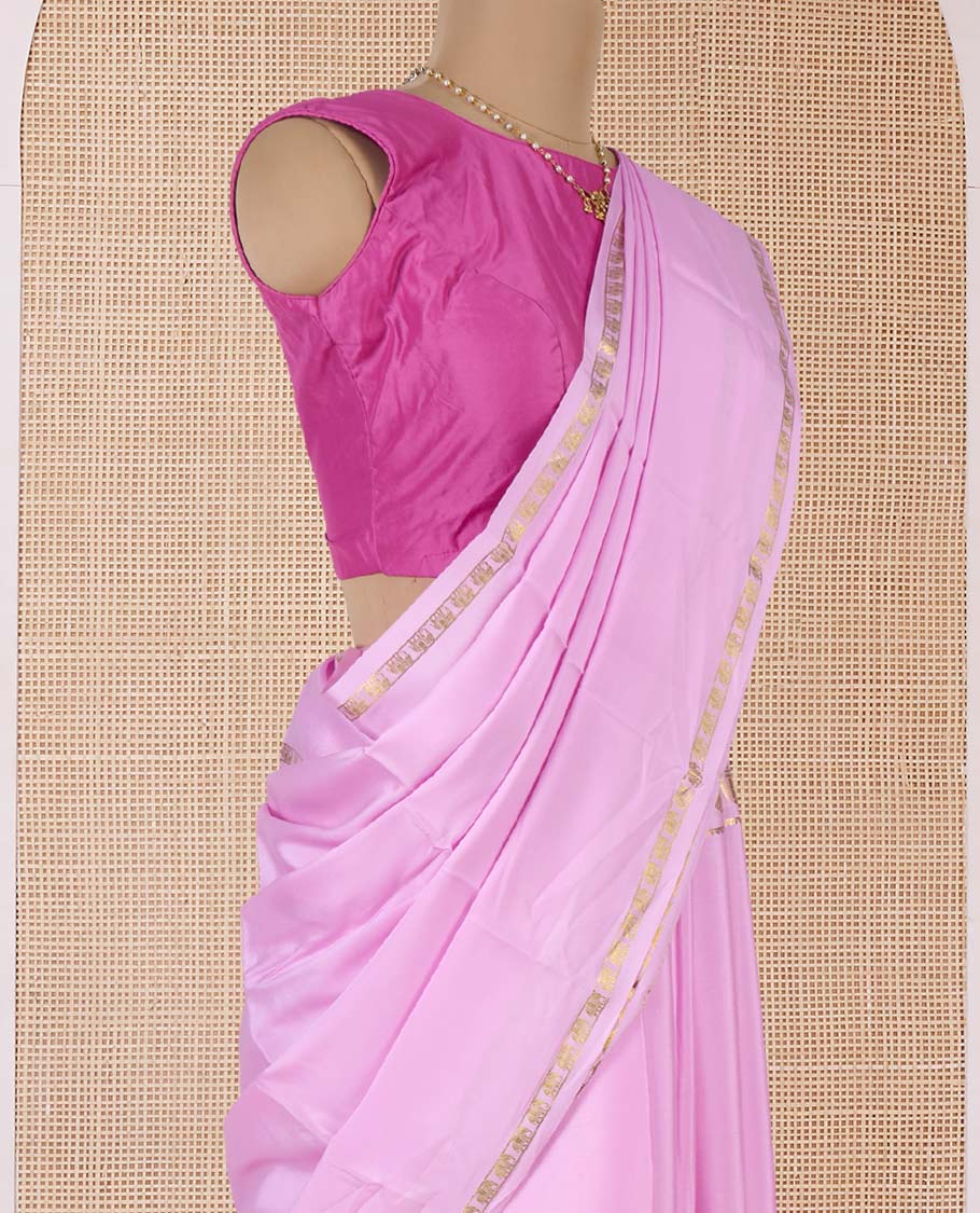 Pink plain Mysore silk saree, elephant motifs zari woven border, and zari striped pallu