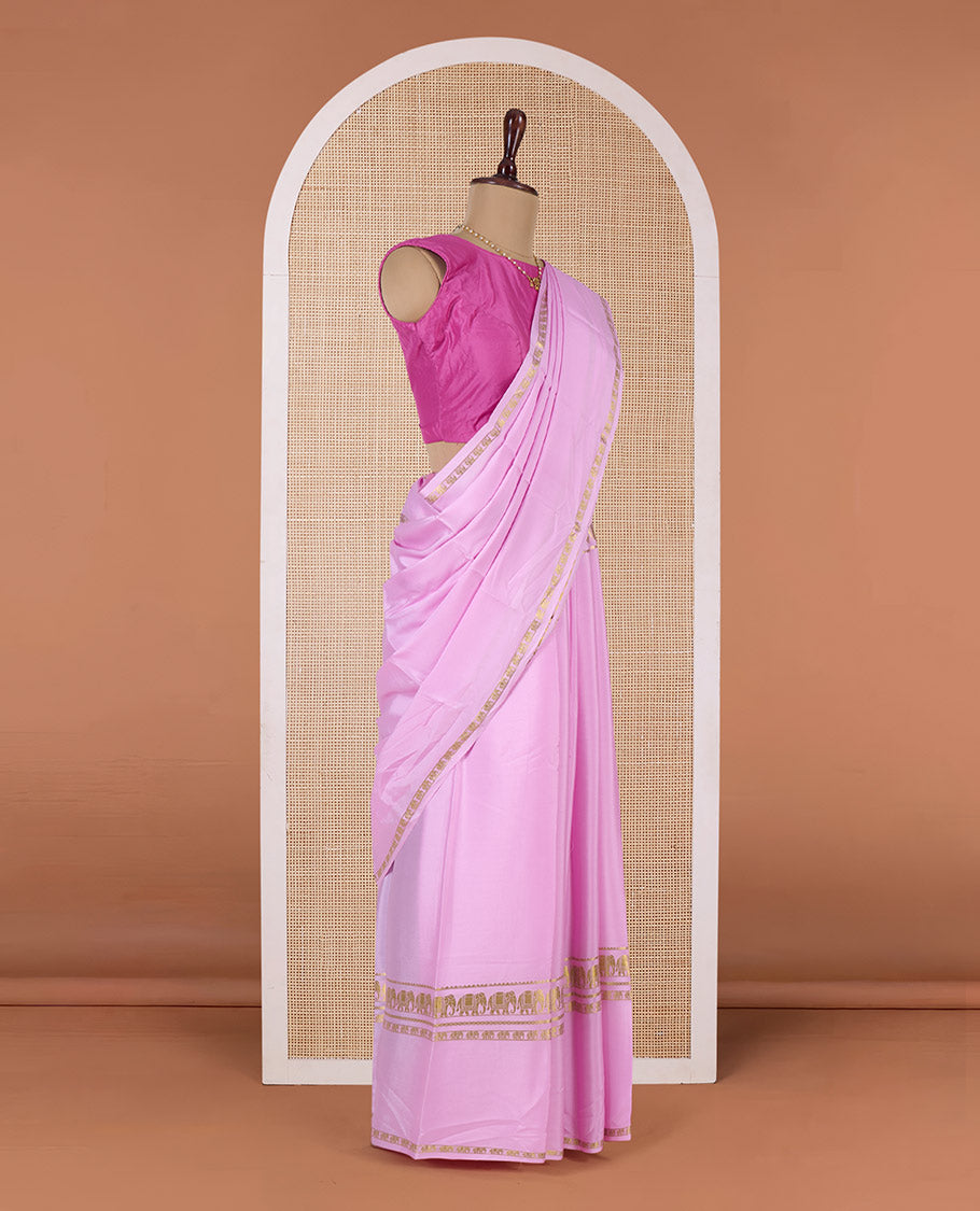 Pink plain Mysore silk saree, elephant motifs zari woven border, and zari striped pallu