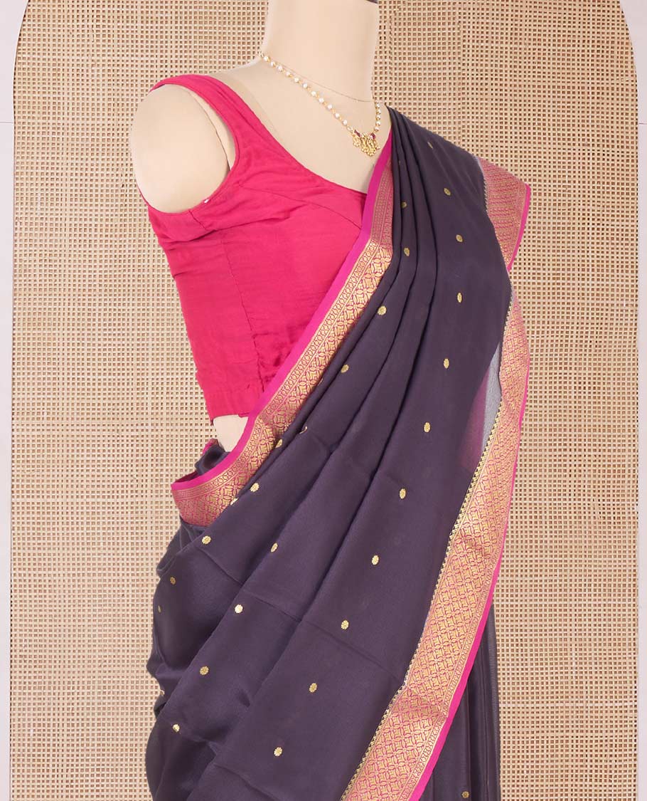 Black zari buttas Mysore silk saree, contrast jaal design zari border, and pallu of jaal design