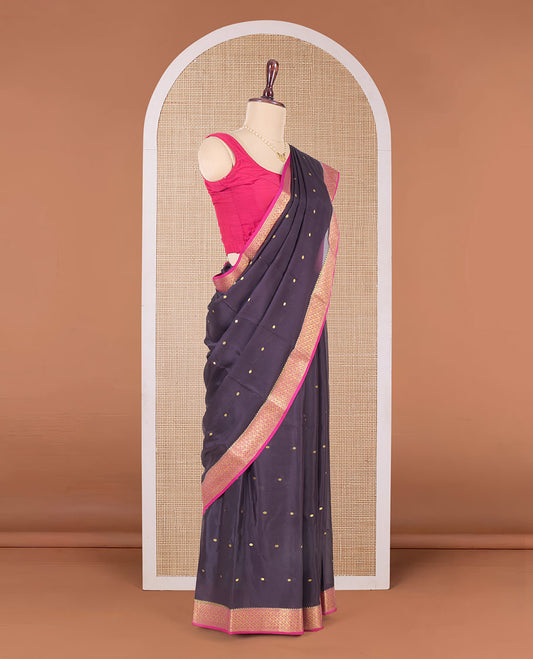 Black zari buttas Mysore silk saree, contrast jaal design zari border, and pallu of jaal design