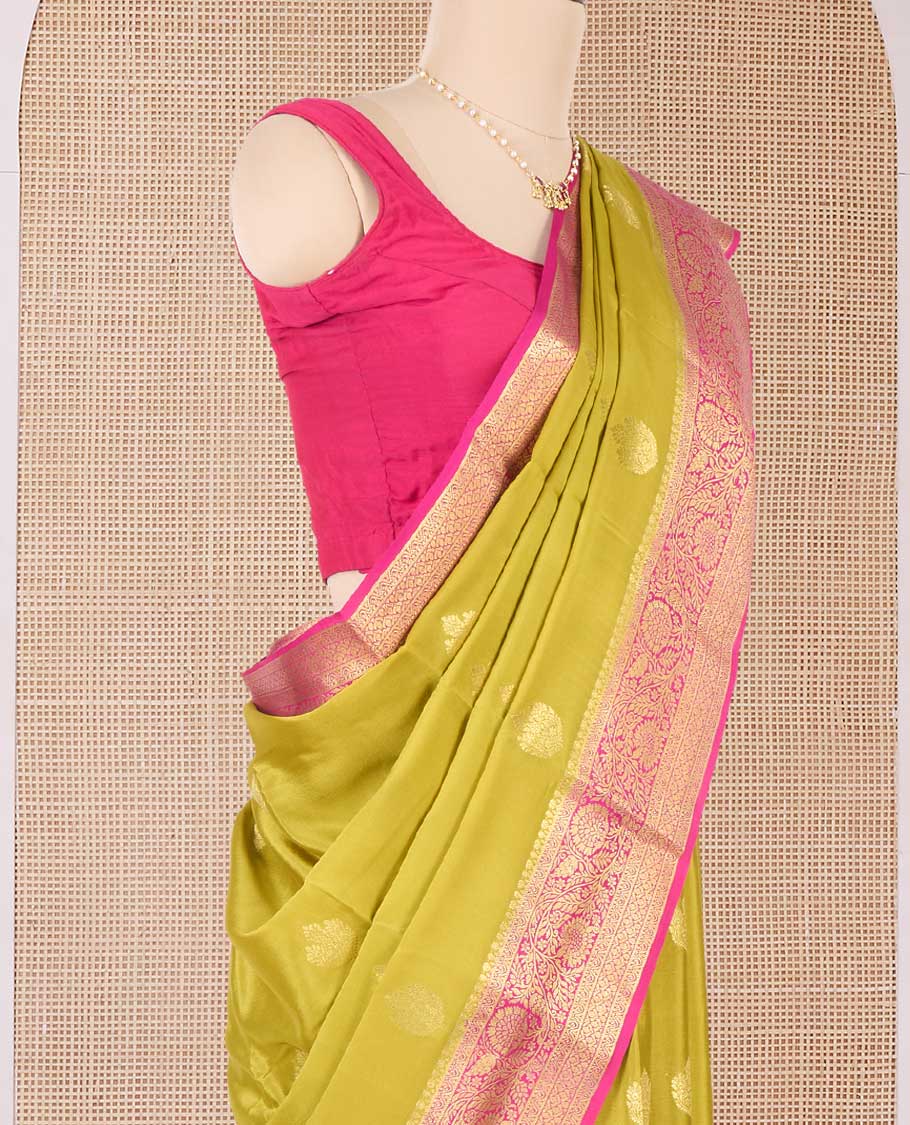 Gold zari buttas Mysore silk saree, contrast traditional zari design border, and intricate pallu