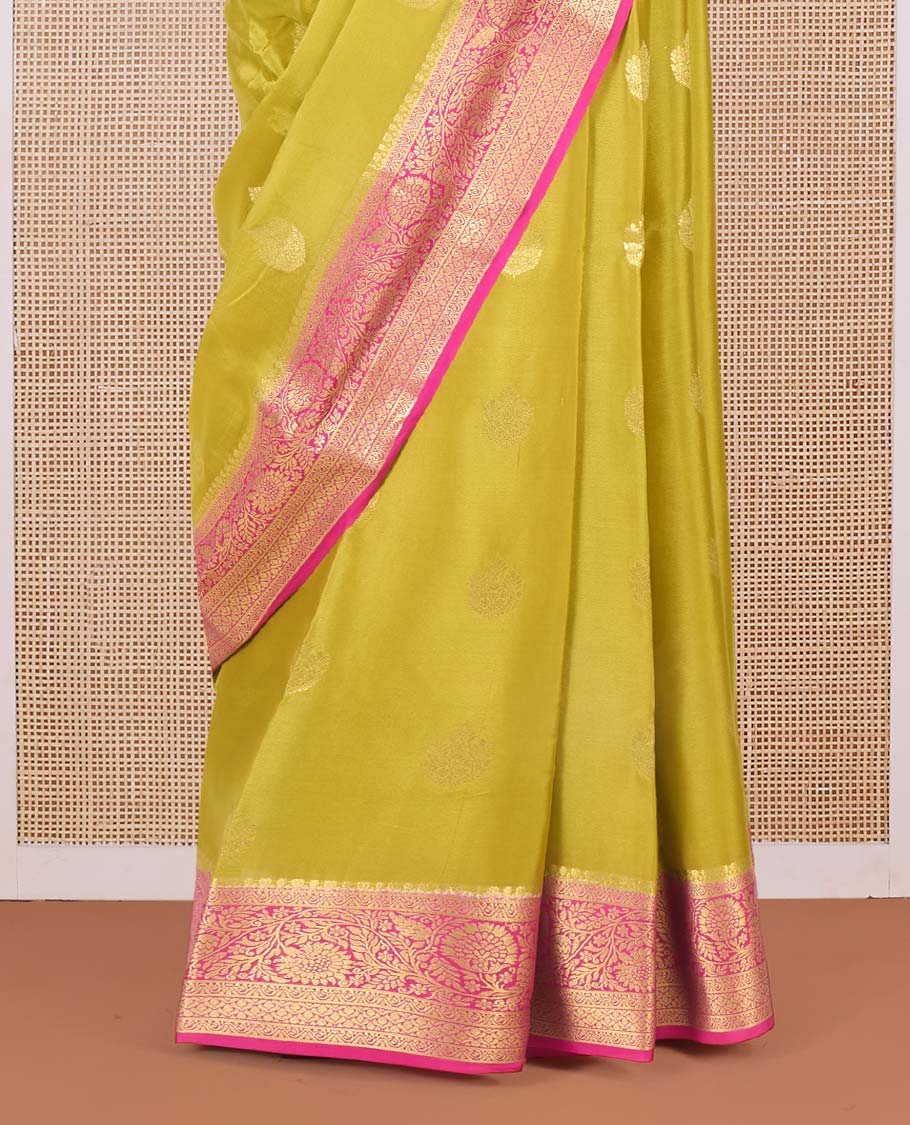 Gold zari buttas Mysore silk saree, contrast traditional zari design border, and intricate pallu