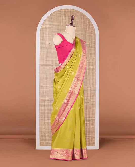 Gold zari buttas Mysore silk saree, contrast traditional zari design border, and intricate pallu
