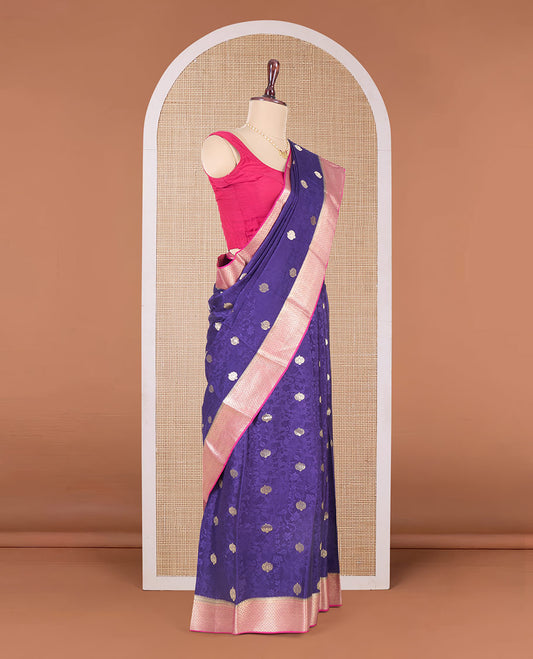 Blue floral vine embossed and zari buttas Mysore silk saree, contrast traditional zari design border, and pallu