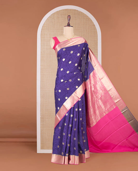 Blue floral vine embossed and zari buttas Mysore silk saree, contrast traditional zari design border, and pallu