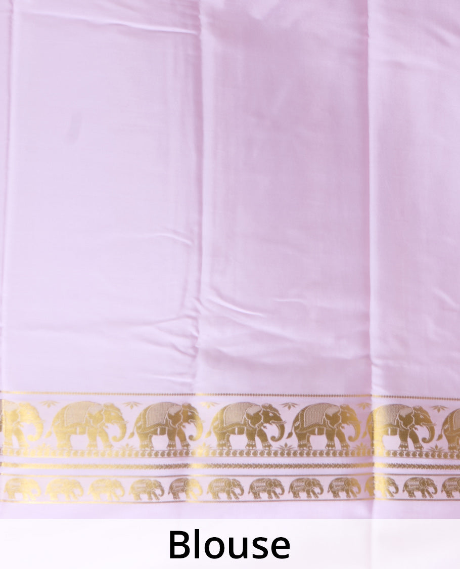 Baby pink plain Mysore silk saree, rettai pettu border of elephant motifs, and pallu of stripes in zari