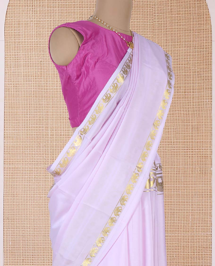 Baby pink plain Mysore silk saree, rettai pettu border of elephant motifs, and pallu of stripes in zari