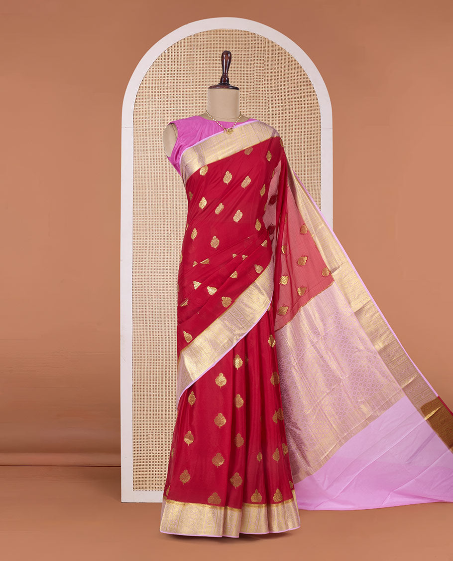 Red zari buttas Mysore silk saree, contrast traditional zari design border, and jaal pallu