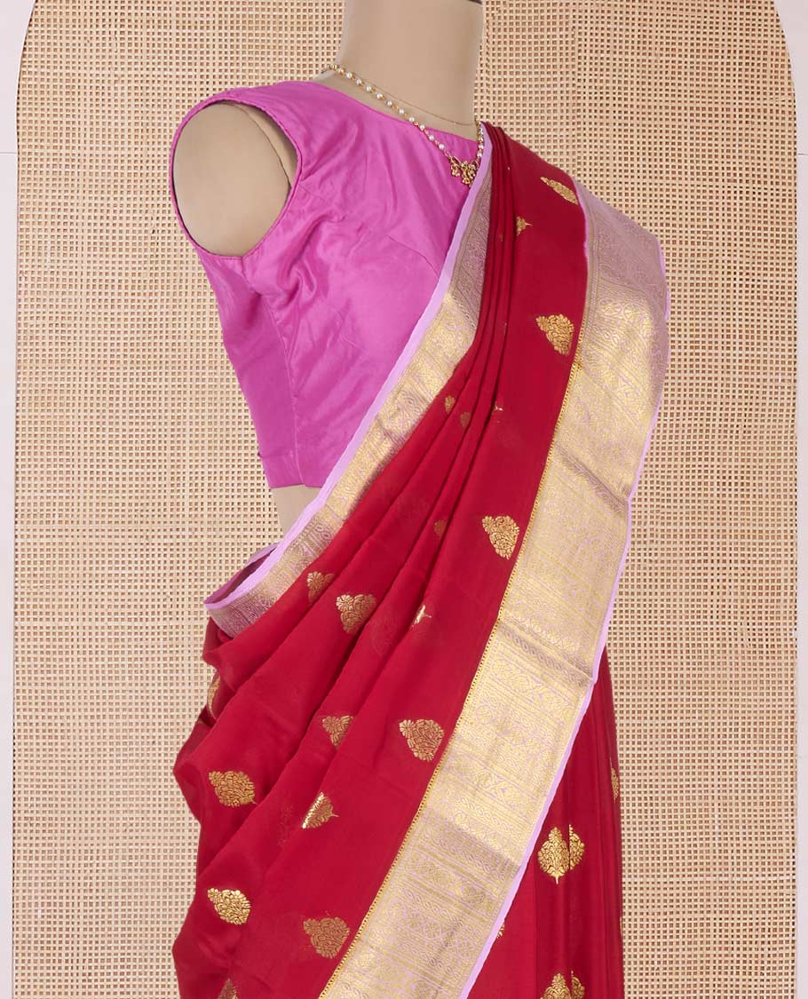 Red zari buttas Mysore silk saree, contrast traditional zari design border, and jaal pallu