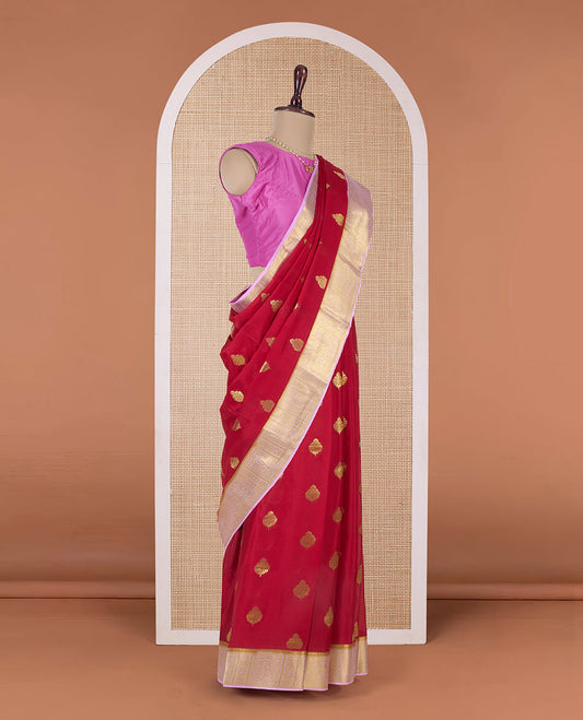 Red zari buttas Mysore silk saree, contrast traditional zari design border, and jaal pallu