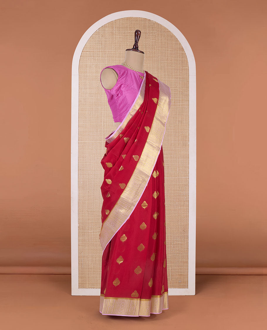 Red zari buttas Mysore silk saree, contrast traditional zari design border, and jaal pallu