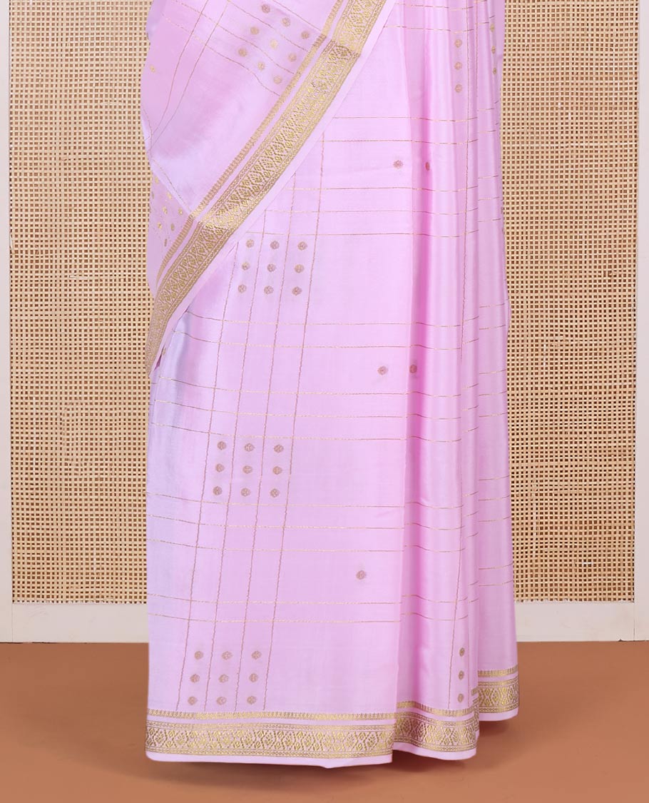Pink zari buttas and checked Mysore silk saree, traditional zari border, and zari striped pallu
