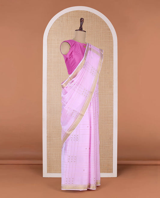 Pink zari buttas and checked Mysore silk saree, traditional zari border, and zari striped pallu