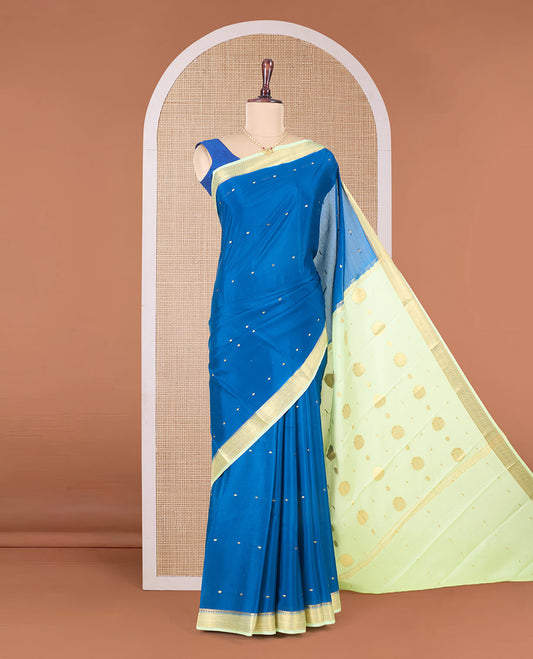 Blue zari buttas Mysore silk saree, contrast traditional zari design border, and zari design pallu