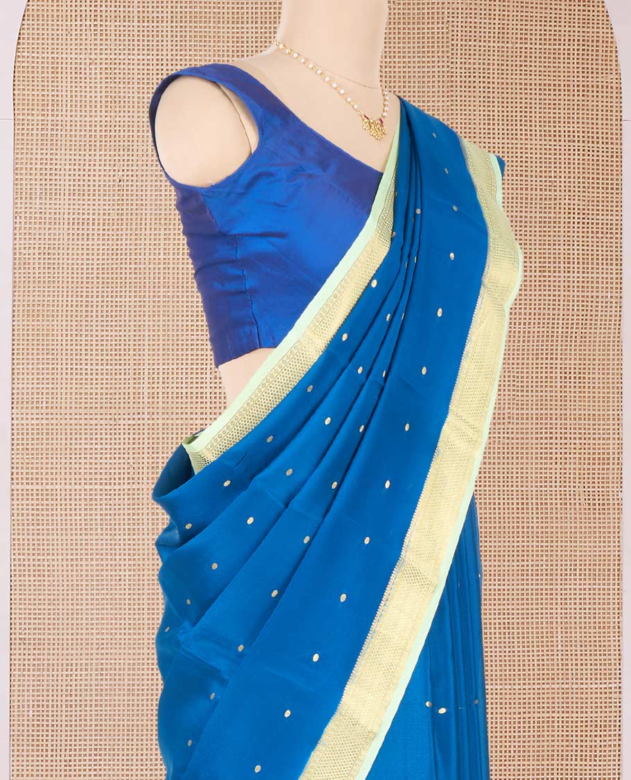 Blue zari buttas Mysore silk saree, contrast traditional zari design border, and zari design pallu