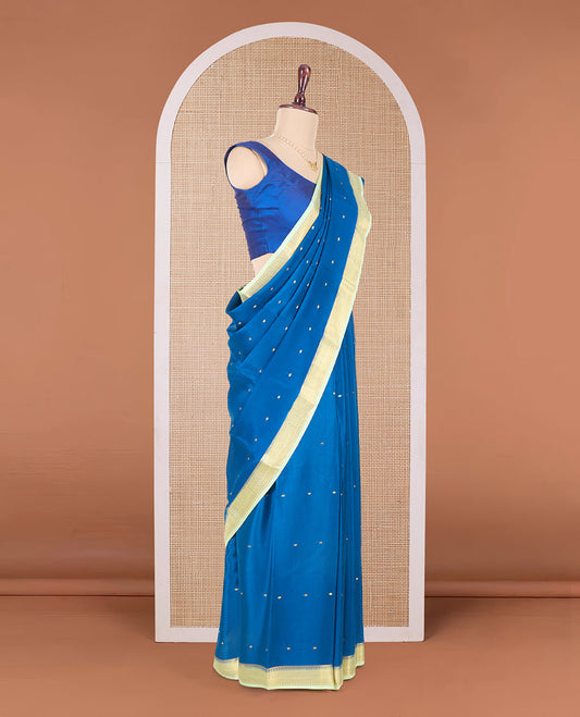 Blue zari buttas Mysore silk saree, contrast traditional zari design border, and zari design pallu