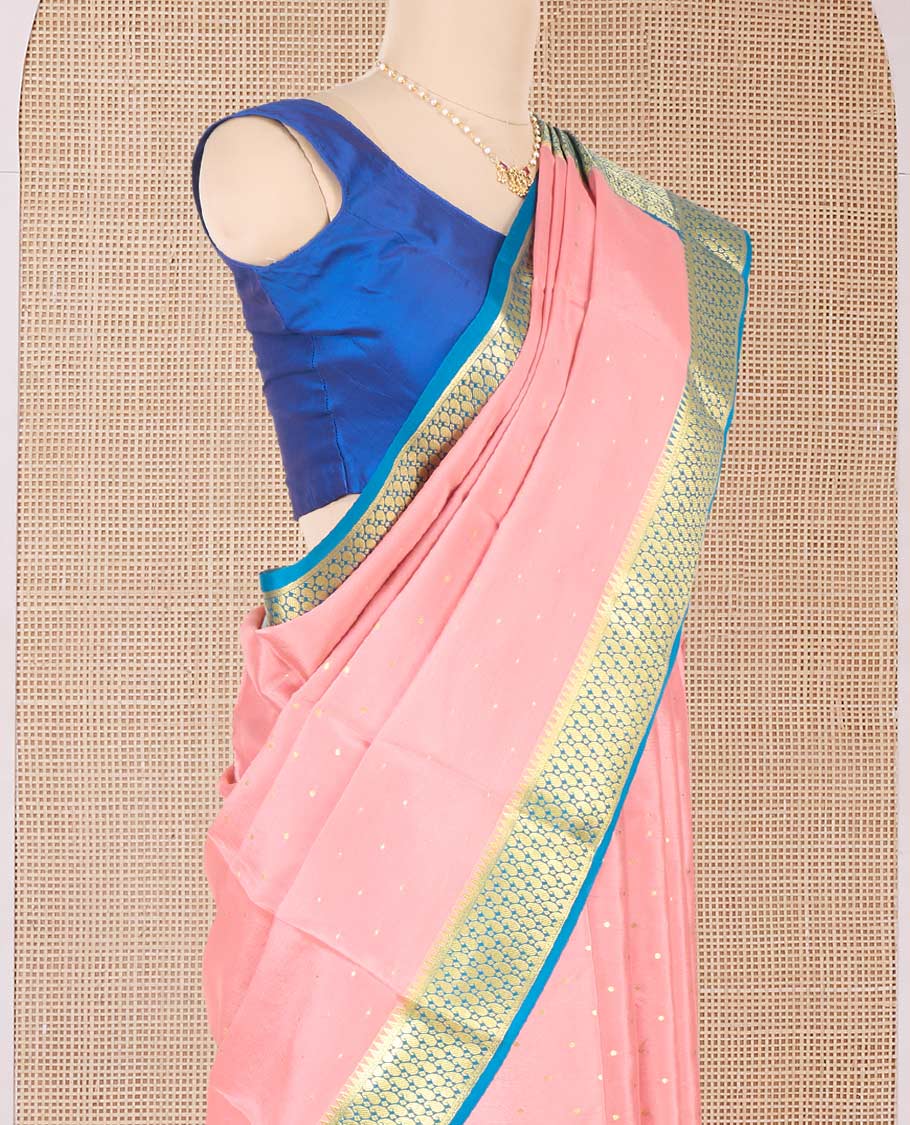 Peach zari buttas Mysore silk saree, contrast paisley zari design border, and intricate pallu