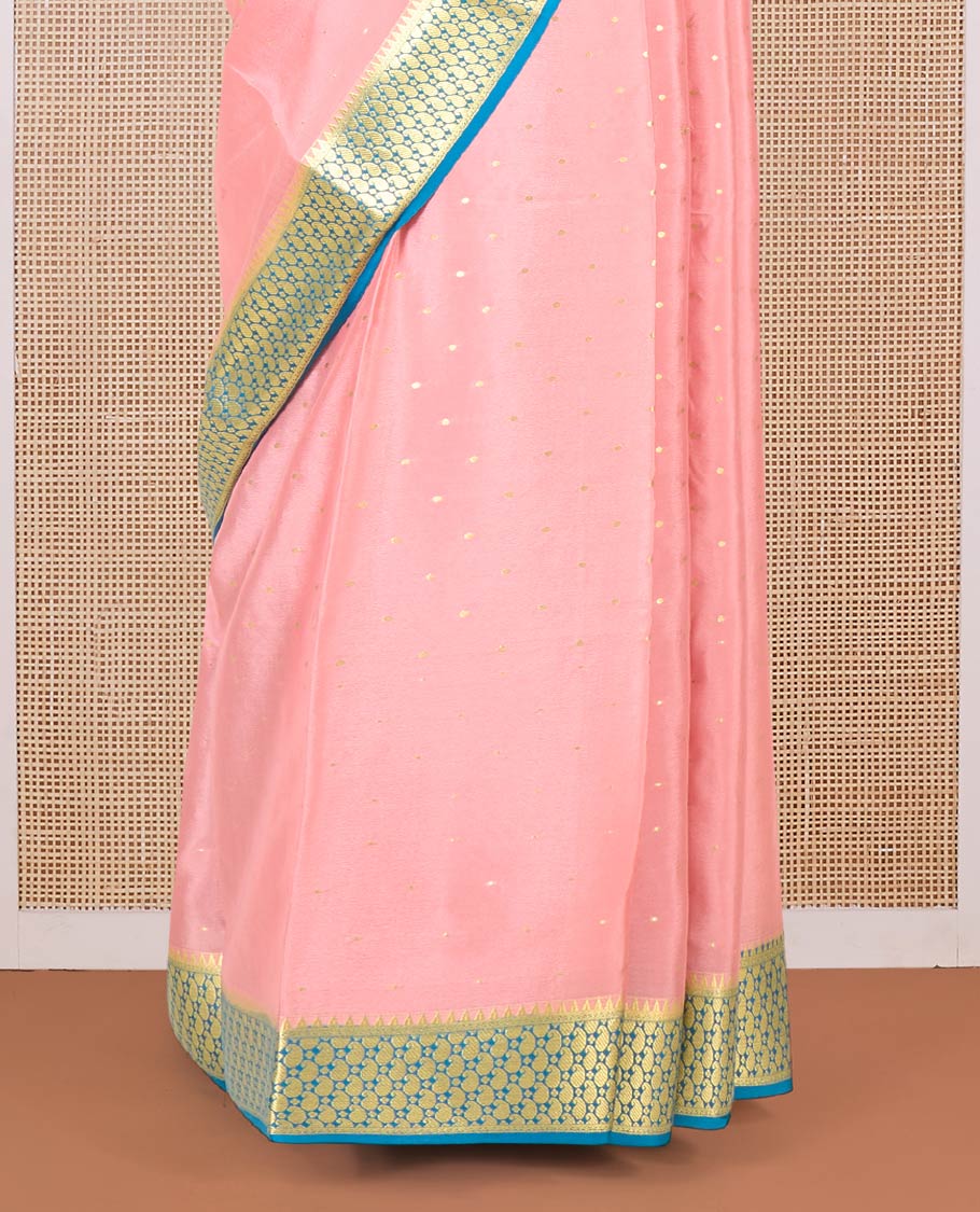 Peach zari buttas Mysore silk saree, contrast paisley zari design border, and intricate pallu
