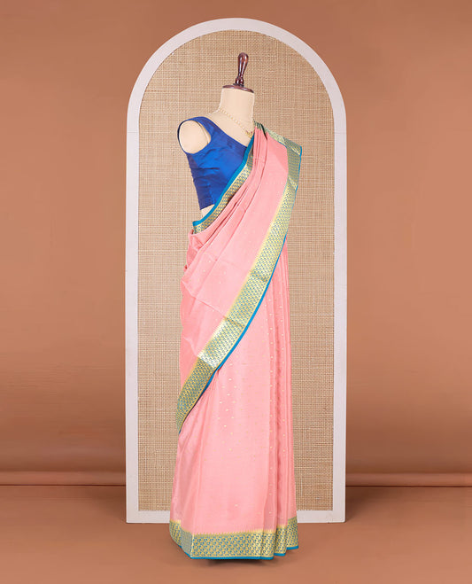 Peach zari buttas Mysore silk saree, contrast paisley zari design border, and intricate pallu