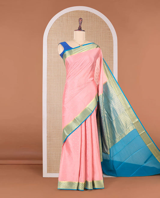 Peach zari buttas Mysore silk saree, contrast paisley zari design border, and intricate pallu