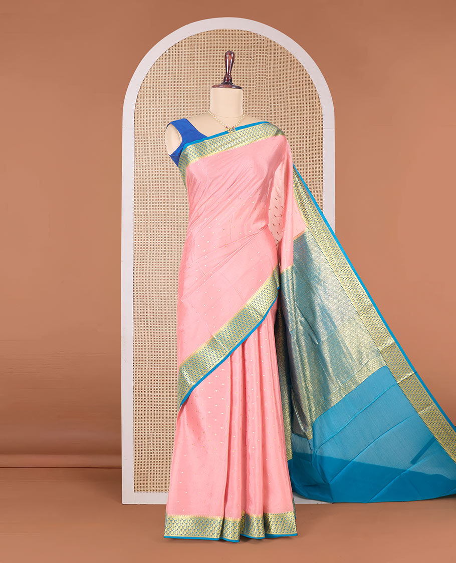 Peach zari buttas Mysore silk saree, contrast paisley zari design border, and intricate pallu