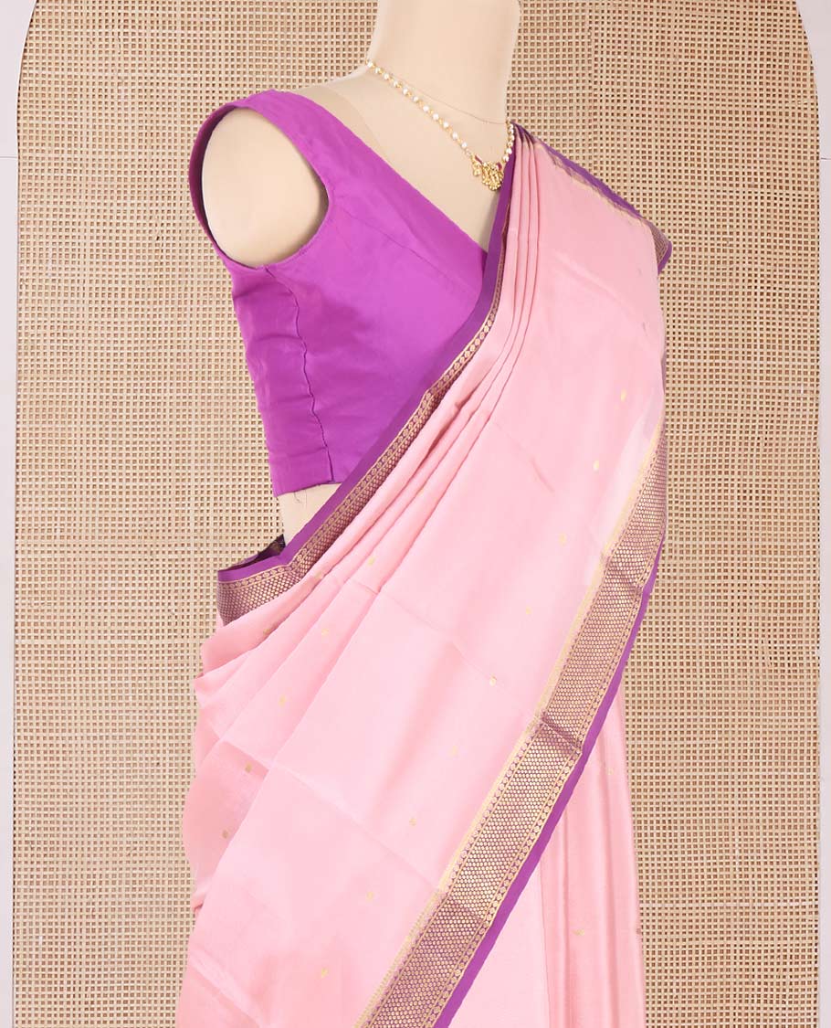 Pink zari buttas Mysore silk saree, contrast traditional zari border and intricate pallu
