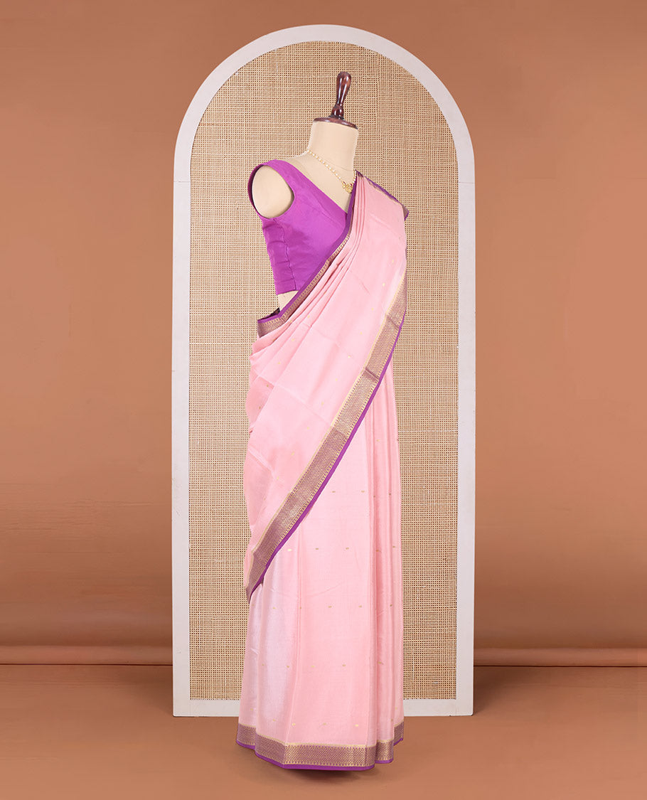 Pink zari buttas Mysore silk saree, contrast traditional zari border and intricate pallu