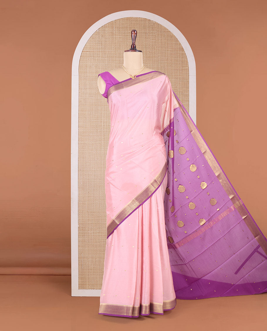 Pink zari buttas Mysore silk saree, contrast traditional zari border and intricate pallu