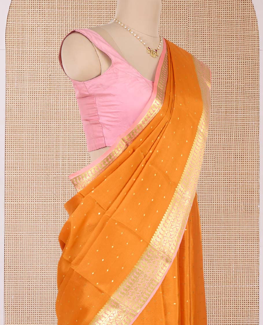 Orange zari buttas Mysore silk saree, contrast traditional zari border and jaal pallu